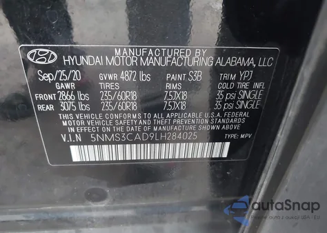 2020 Hyundai Santa Fe Sel z USA, uszkodzony, nr VIN 5NMS3CAD9LH284025